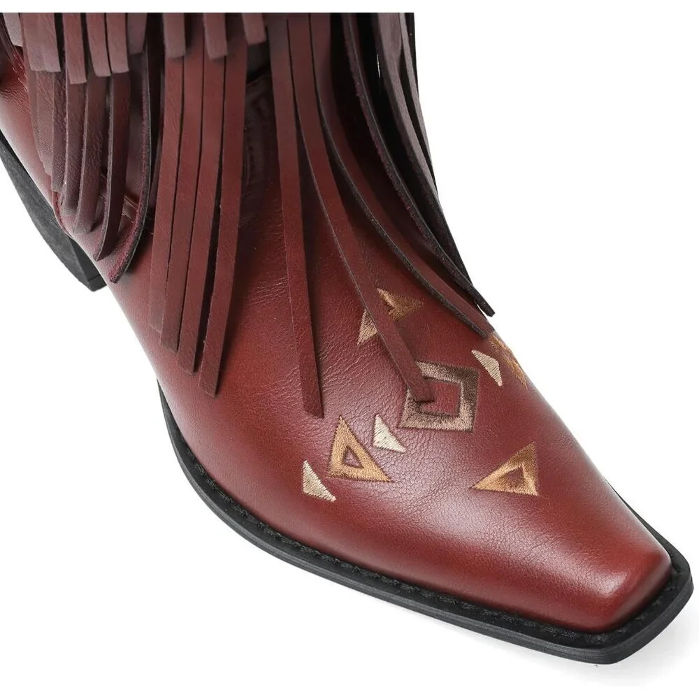 Women's Wine Red Cowgirl Boots Imported Polyester Knee High Pull-on Fringe Boots
